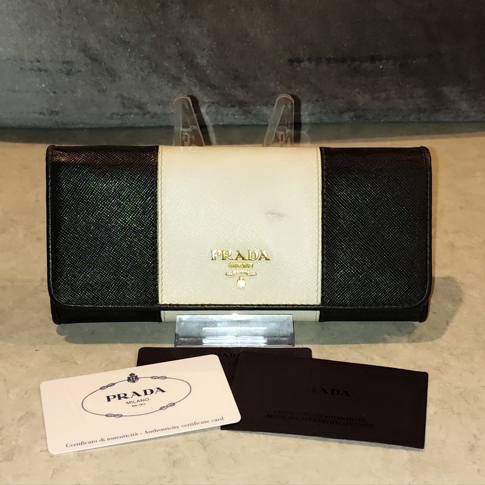 PRADA SAFFIANO LEATHER BLACK & WHITE COLORBLOCK BI-FOLD LONG WALLET #224